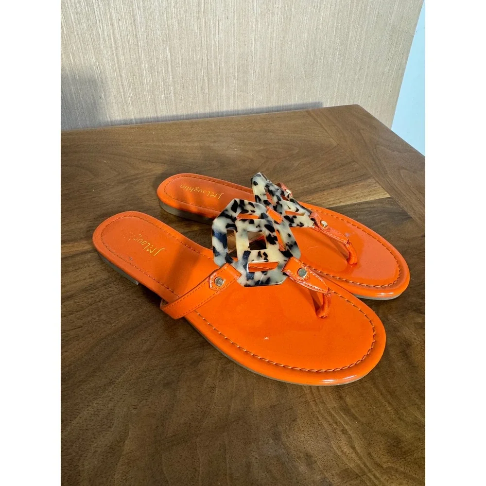 J.McLaughlin Orange Patent Leather Tortoise Link Thong Sandals Women Flat Summer